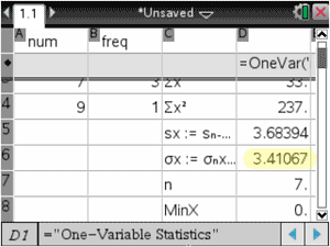 ti-nspire one-variable statistics sigma standard deviation